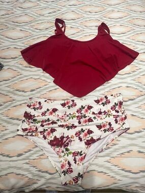 Women’s Floral High-Waist Bikini Set in Burgundy and White
